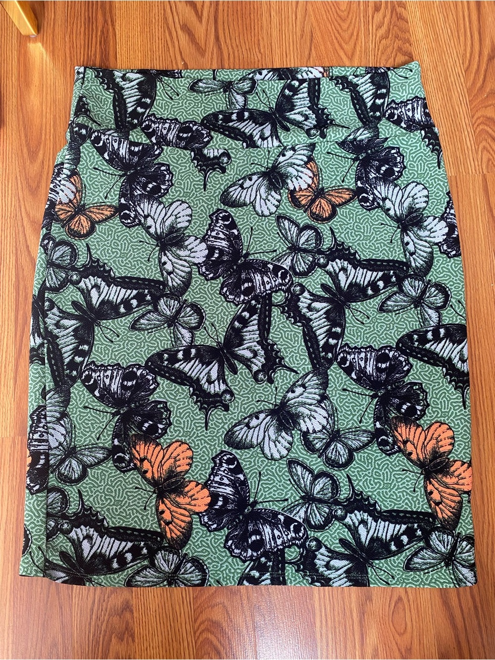 LuLaRoe Green Butterfly Pencil Skirt with Orange Accents